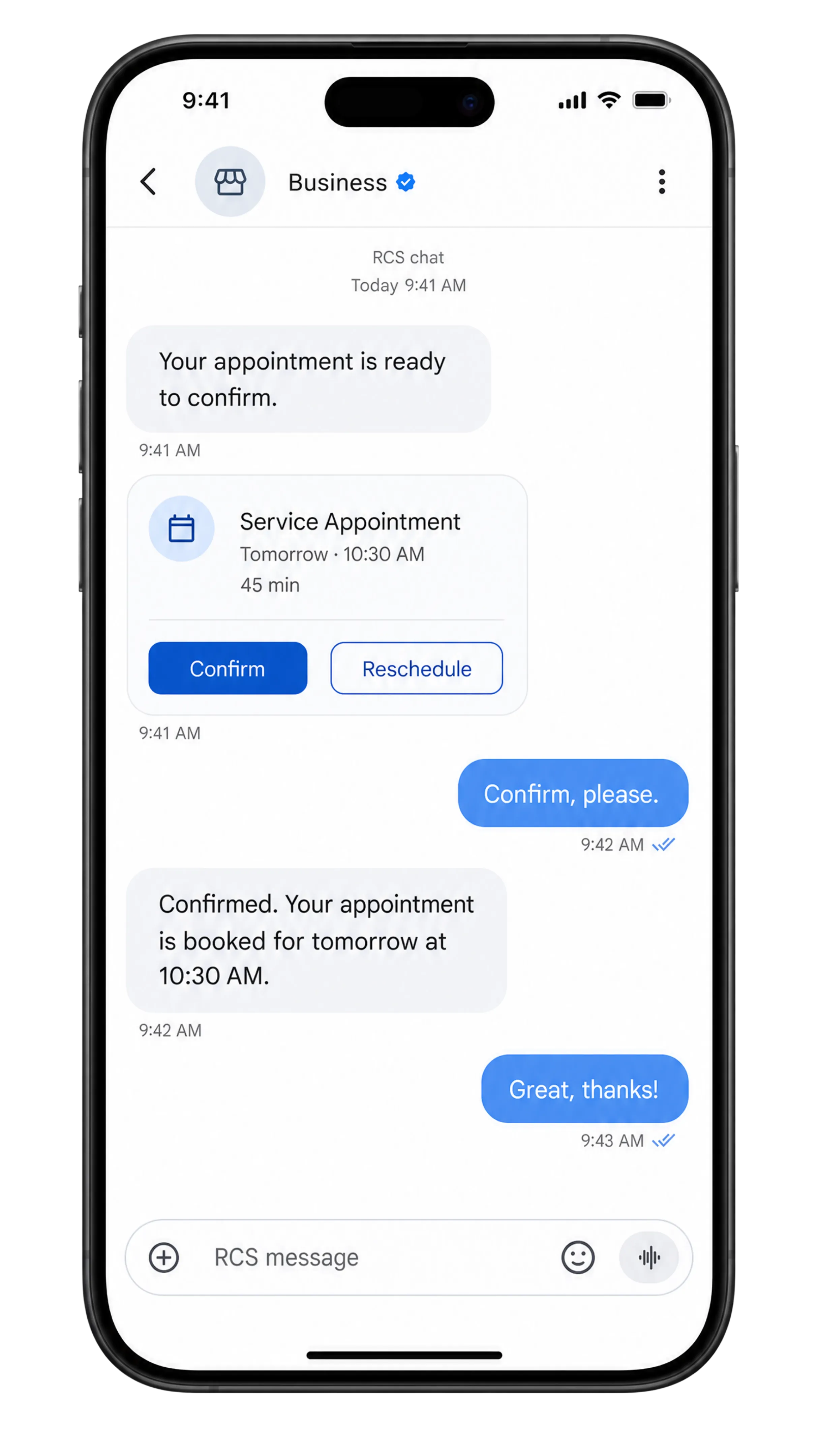 An RCS conversation with a rich booking card and one tap confirm, run by Targeto