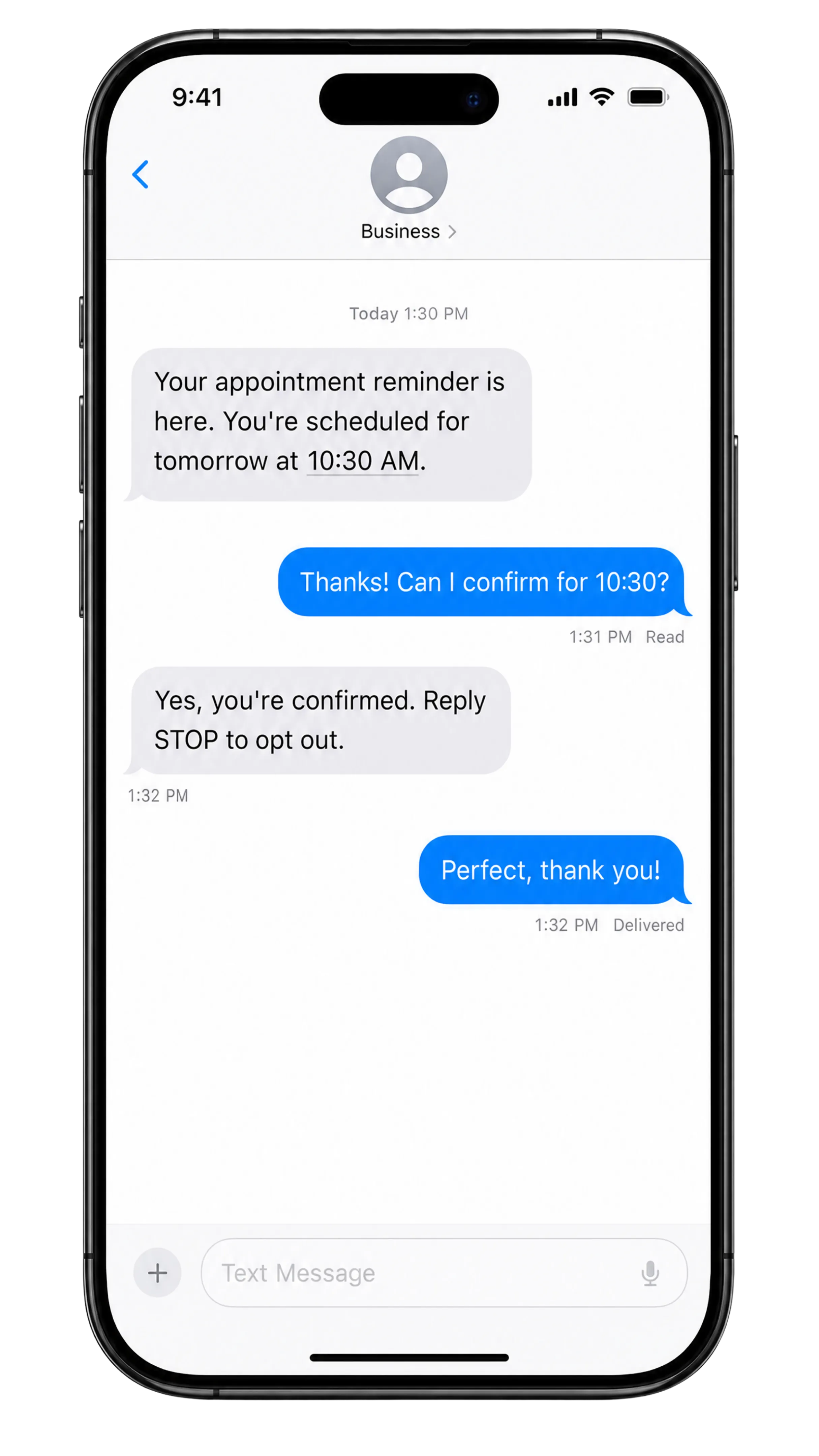 An SMS booking reminder confirmed by reply, run by Targeto