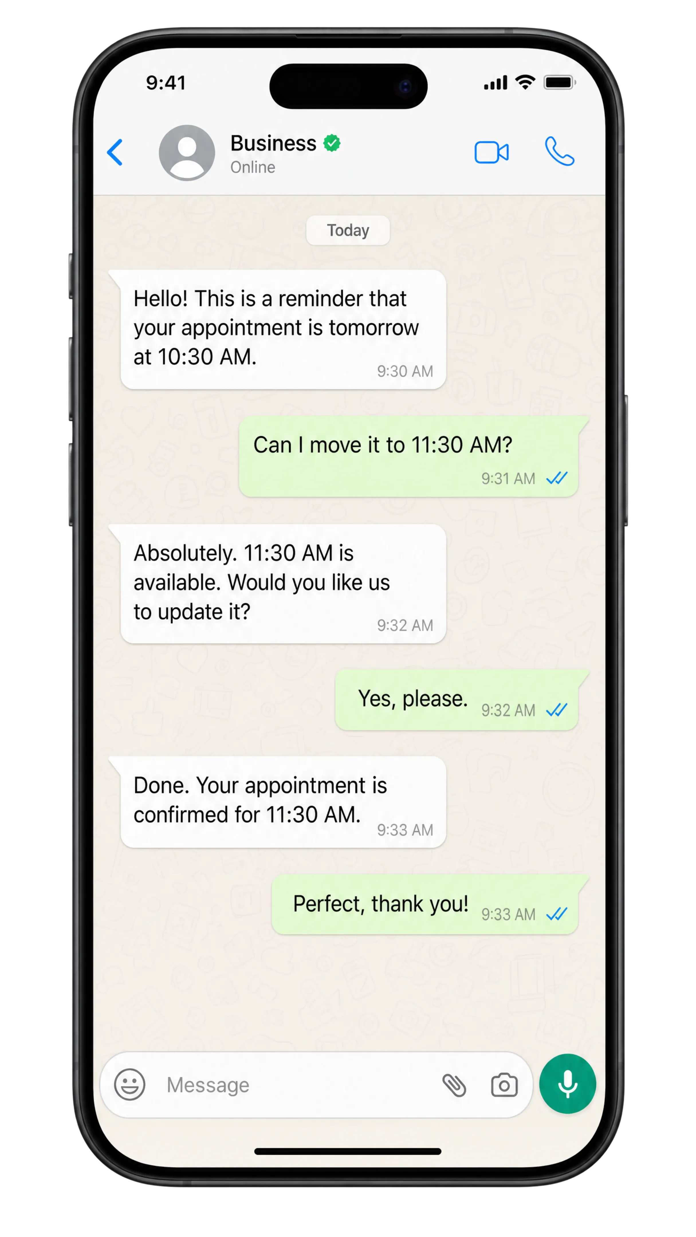 A WhatsApp Business conversation moving an appointment, run by Targeto
